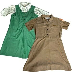 Girl Scout Set Of 2 Uniform Dresses Green &‎ Brown Size 10 8 Permanent Press Tag